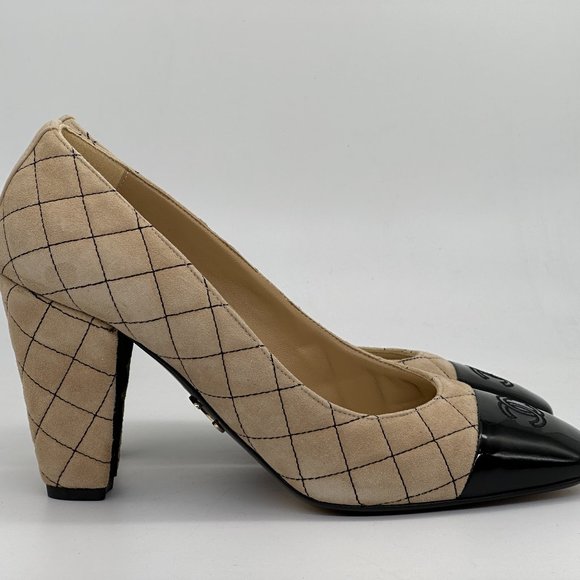 CHANEL 22B Quilted Suede Patent Cap Toe Pumps Heels Shoes - Picture 7 of 14